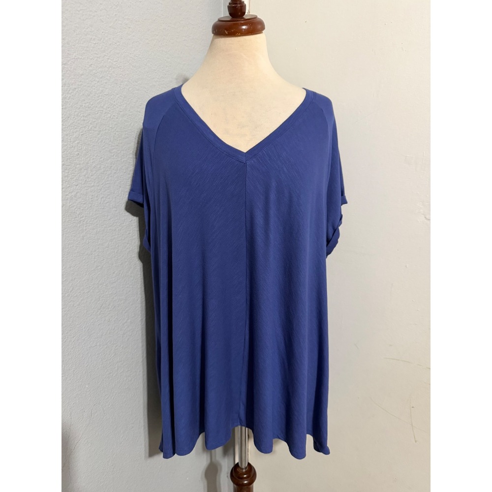 Ava & Viv Womens 3X T-Shirt Cobalt Blue V-Neck Slub Knit High-Low Cuffed Comfort